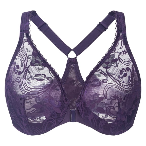 MELENECA Women's Plus Size Racerback Unlined Lace Underwire Front Closure Bra Purple 36C