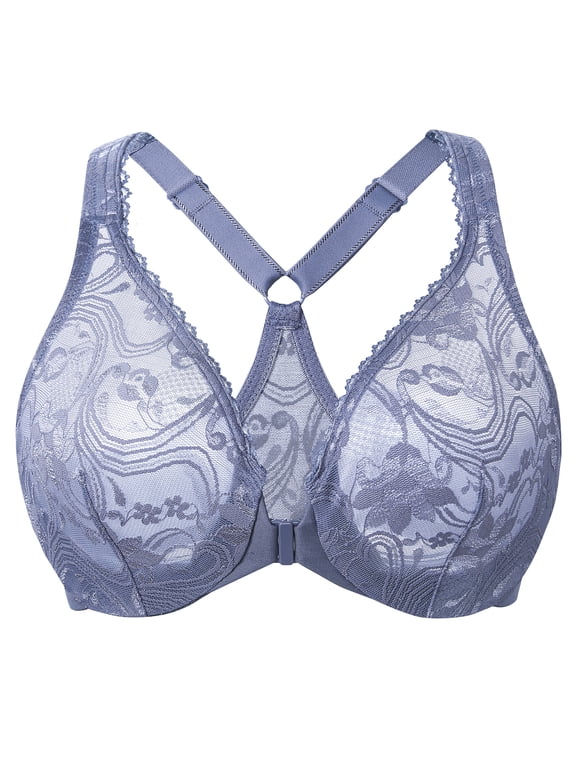 Women's Plus Size Racerback Unlined Lace Underwire Front Closure Bra Slate Blue 34F