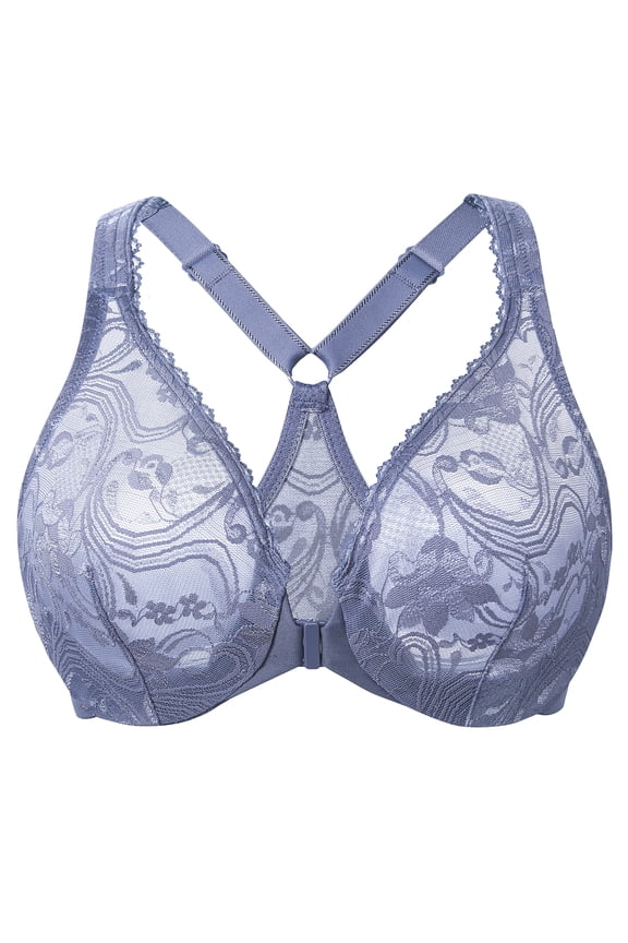 Women's Plus Size Racerback Unlined Lace Underwire Front Closure Bra Slate Blue 40DD