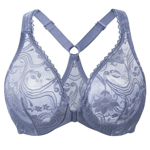 MELENECA Women's Plus Size Racerback Unlined Lace Underwire Front Closure Bra Slate Blue 44G