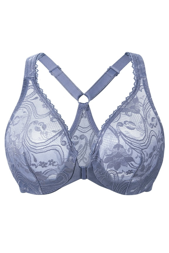Women's Plus Size Racerback Unlined Lace Underwire Front Closure Bra Slate Blue 46C