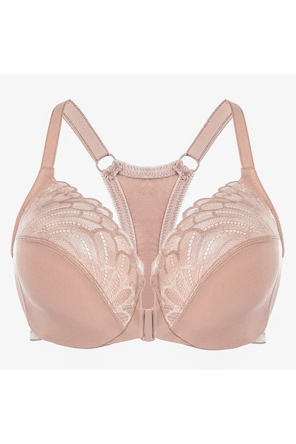 Women's Racerback Front Closure Lace Unlined Plus Size Full Coverage Underwire Bra Beige 32E