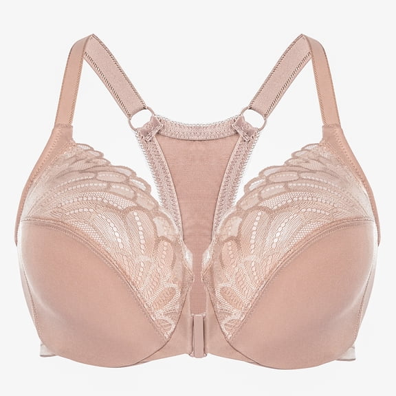 MELENECA Women's Racerback Front Closure Lace Unlined Plus Size Full Coverage Underwire Bra Beige 36DD