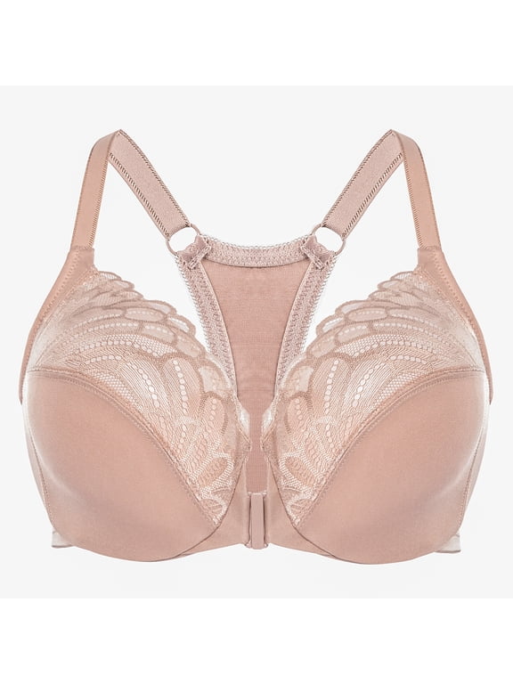 Women's Racerback Front Closure Lace Unlined Plus Size Full Coverage Underwire Bra Beige 42F