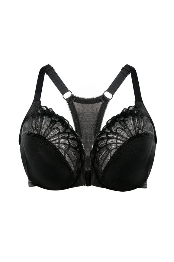 Women's Racerback Front Closure Lace Unlined Plus Size Full Coverage Underwire Bra Black 32C
