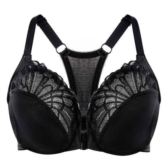 MELENECA Women's Racerback Front Closure Lace Unlined Plus Size Full Coverage Underwire Bra Black 32D