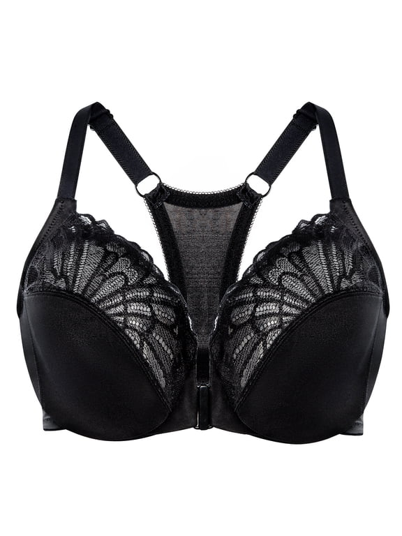 Women's Racerback Front Closure Lace Unlined Plus Size Full Coverage Underwire Bra Black 32D