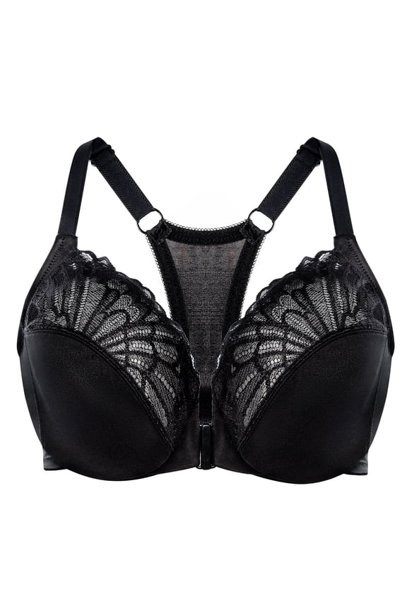 Women's Racerback Front Closure Lace Unlined Plus Size Full Coverage Underwire Bra Black 34F
