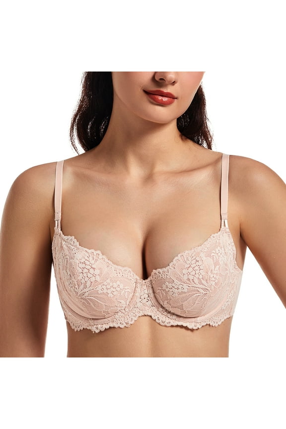 Women's Sexy Lace Push Up Plus Size Sheer Balconette Underwire Unlined Bra Beige 34DD