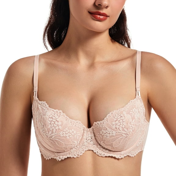MELENECA Women's Sexy Lace Push Up Plus Size Sheer Balconette Underwire Unlined Bra Beige 34F