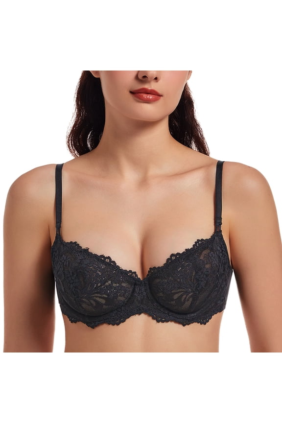 Women's Sexy Lace Push Up Plus Size Sheer Balconette Underwire Unlined Bra Black 34E