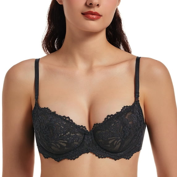 MELENECA Women's Sexy Lace Push Up Plus Size Sheer Balconette Underwire Unlined Bra Black 40D
