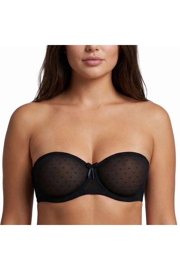 Women's Strapless Sheer Lace Minimizer Bandeau Underwire Bra Invisible See-Through Non-Padded Anti-Slip Multiway Bra Black 32C