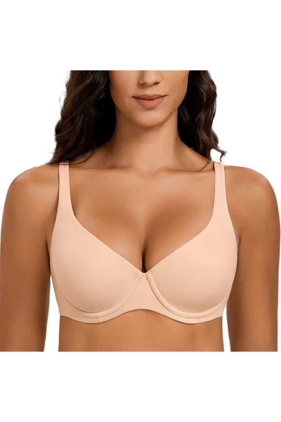 Women's V-Neck Minimizer Underwire Plus Size Unlined Plunge T-shirt Bras Beige 32F