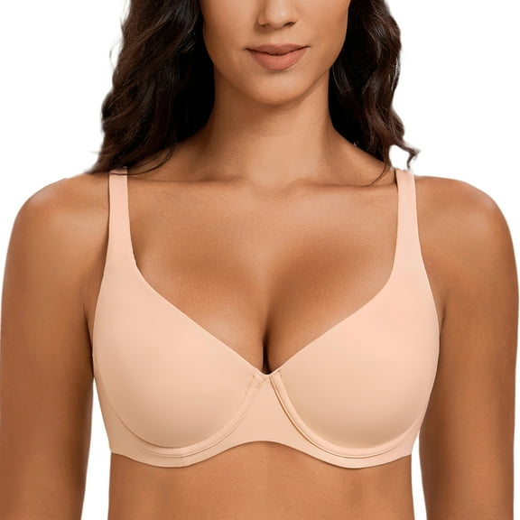 MELENECA Women's V-Neck Minimizer Underwire Plus Size Unlined Plunge T-shirt Bras Beige 42E