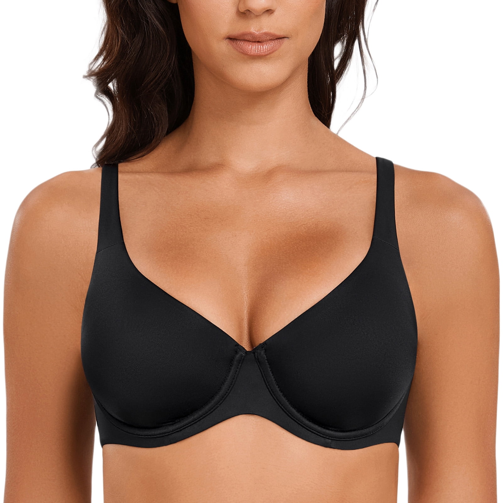 MELENECA Women's V-Neck Minimizer Underwire Plus Size Unlined Plunge T-shirt Bras Black 38C