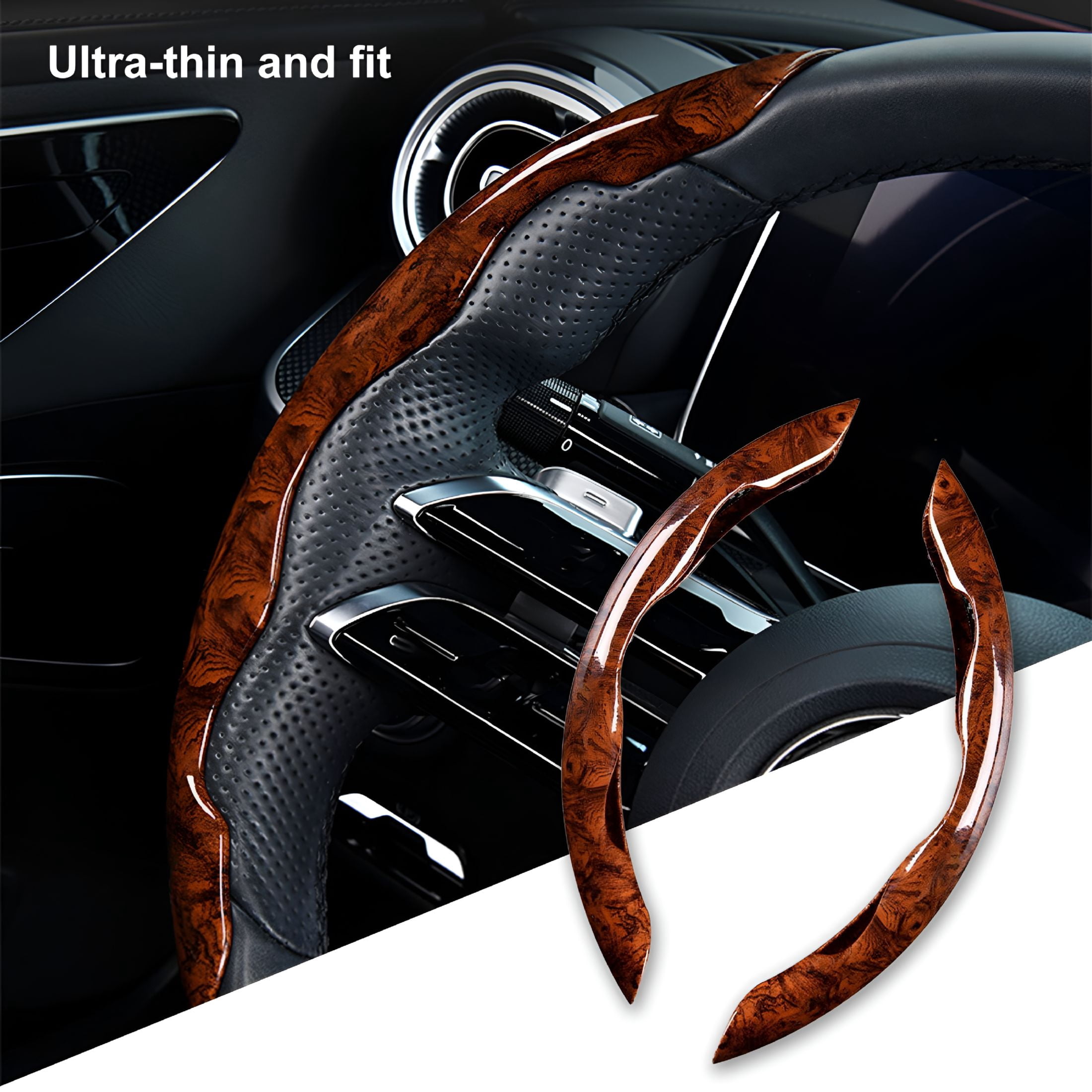 AUCELI Car Steering Wheel Cover - Wood Grain PVC, Anti-Skid, Universal Fit For Most Cars (15 Inch, Coffee/Gray/Beige) - View #2