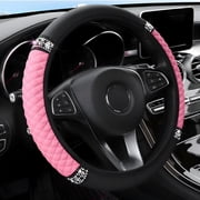 RIONIMA 15 Inch Bling Steering Wheel Cover for Women, Pink Soft Leather with Sparkly Rhinestones