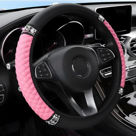 RIONIMA 15 Inch Bling Steering Wheel Cover for Women, Pink Soft Leather with Sparkly Rhinestones