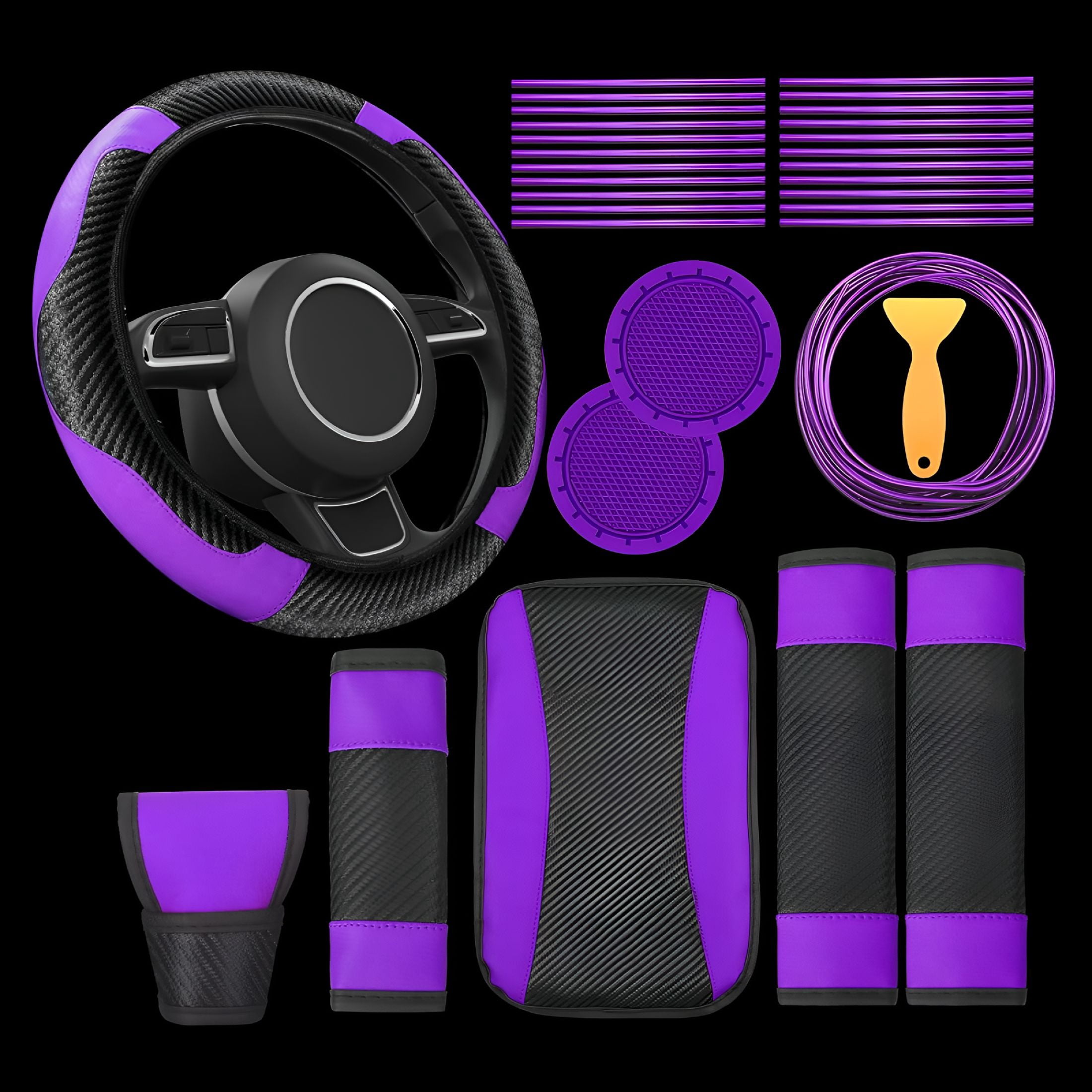 MELIVO 30PCS Car Accessories PU Leather Steering Wheel Cover Set, Car Accessories Gift for Women, Car Vent Trim Strips Air Conditioner Insert Strips Handbrake Cup Holder Cover, Purple
