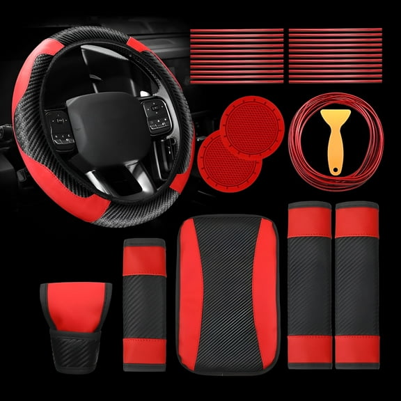 MELIVO 30PCS Car Accessories PU Leather Steering Wheel Cover Set, Car Accessories Gift for Women, Car Vent Trim Strips Air Conditioner Insert Strips Handbrake Cup Holder Cover, Red