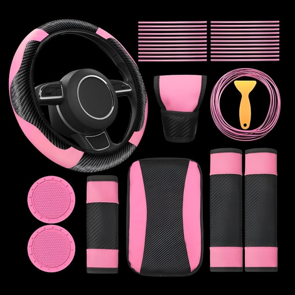 MELIVO 30Pcs Pink Car Accessories Set, PU Leather Steering Wheel Cover, Vent Trim, Cup Holder