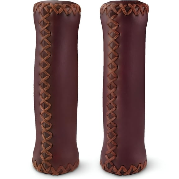 MELIVO Cruiser Bike Handlebar Grips - Brown Vinyl Leather Grips in 135mm with Hand-Stitched Seam for 22.2mm (7/8") Beach Cruiser Bicycle Handlebar for Woman & Man