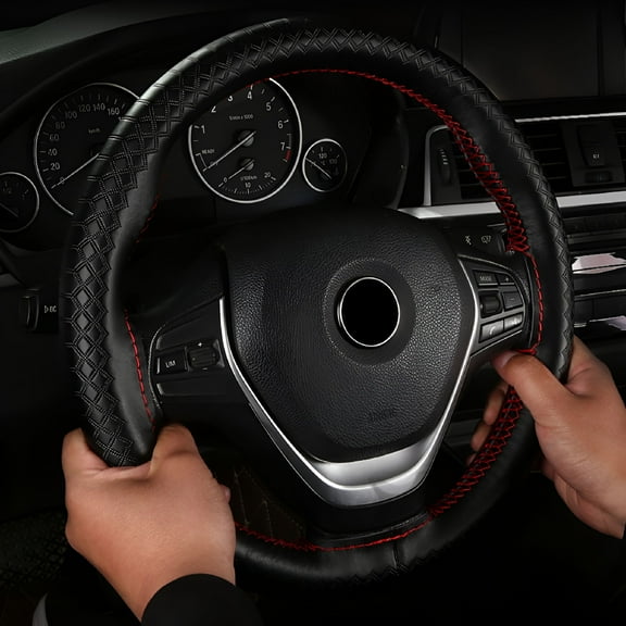 MELIVO Hand Sewn Steering Wheel Wrap Sewing Leather Steering Wheel Cover Embossed Pattern Stitch Steering Wheel Protector Wrap for Car Interior Accessories with Needles and Threads Coffee