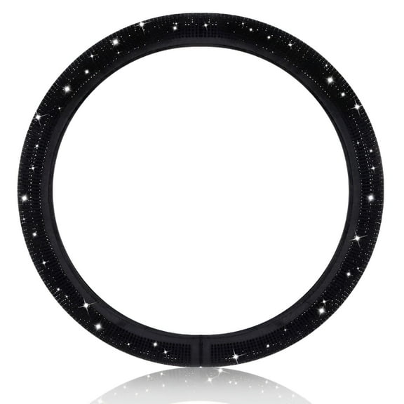 MELIVO Women Fashion Black Velvet Bling Steering Wheel Cover with Black Diamonds,15 inch Standard Glitter Rhinestone Car Wheel Cover Sparkling,Full Covered