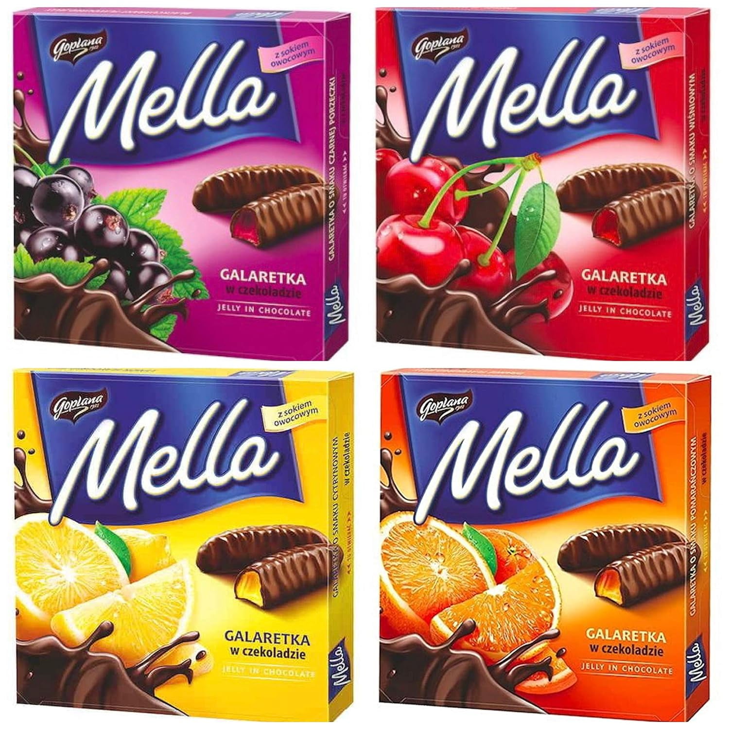 MELLA Chocolate Coated Jelly Variety Pack Of 4 X 6.7 Oz. ORANGE, LEMON, CHERRY & BLACKCURRANT. Product Of Poland.
