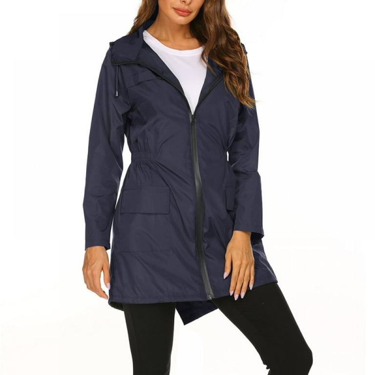 MELLCO Women's Spring Autumn Zipper Jacket, Fashion Waterproof Hoodie  Jacket with Pockets, Insulated Coat Windbreaker Outdoor, Dark Blue L