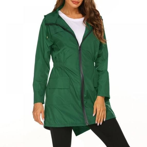 MELLCO Women's Spring Autumn Zipper Jacket, Fashion Waterproof Hoodie Jacket with Pockets, Insulated Coat Windbreaker Outdoor, Dark Green XL