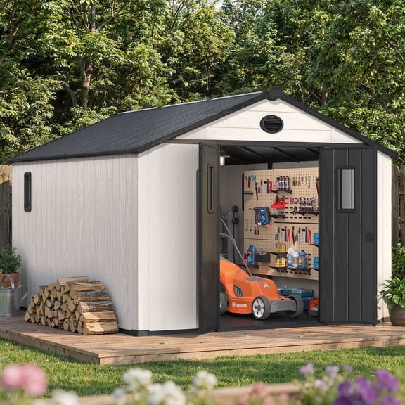 MELLCOM 10 x 12 FT Resin Outdoor Storage Shed with Floor, Outdoor Storage Tool Shed with Windows and Lockable Door, Resin Garden Shed for Lawnmower, Bike, Pool Supply