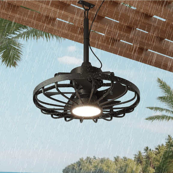MELLCOM 20" Outdoor Ceiling Fan with Light,IP65 Waterproof Plug in Ceiling Fan with Remote and 2 Downrods, Gazebo Caged Hanging Fan with 3 Color LED Light for Porch, Pergola, Canopy, Black