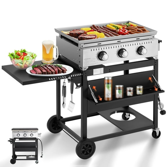 MELLCOM 3 Burner 30000 BTU Outdoor Gas Griddle with Lid (Side Shelf), Portable Flat Top Griddle 28 Inch Heavy-Duty Cast Iron Grill, Bottle Rack & Grease Pan for Camping, Picnic, Patio