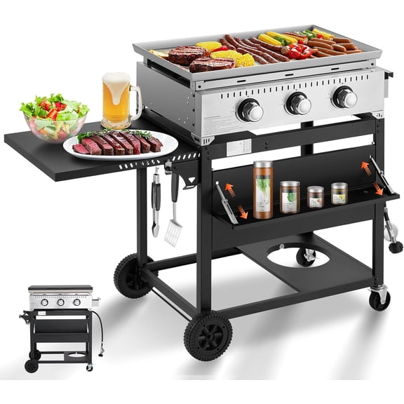 MELLCOM 3 Burner 30000 BTU Outdoor Gas Griddle with Lid (Side Shelf), Portable Flat Top Griddle 28 Inch Heavy-Duty Cast Iron Grill, Bottle Rack & Grease Pan for Camping, Picnic, Patio