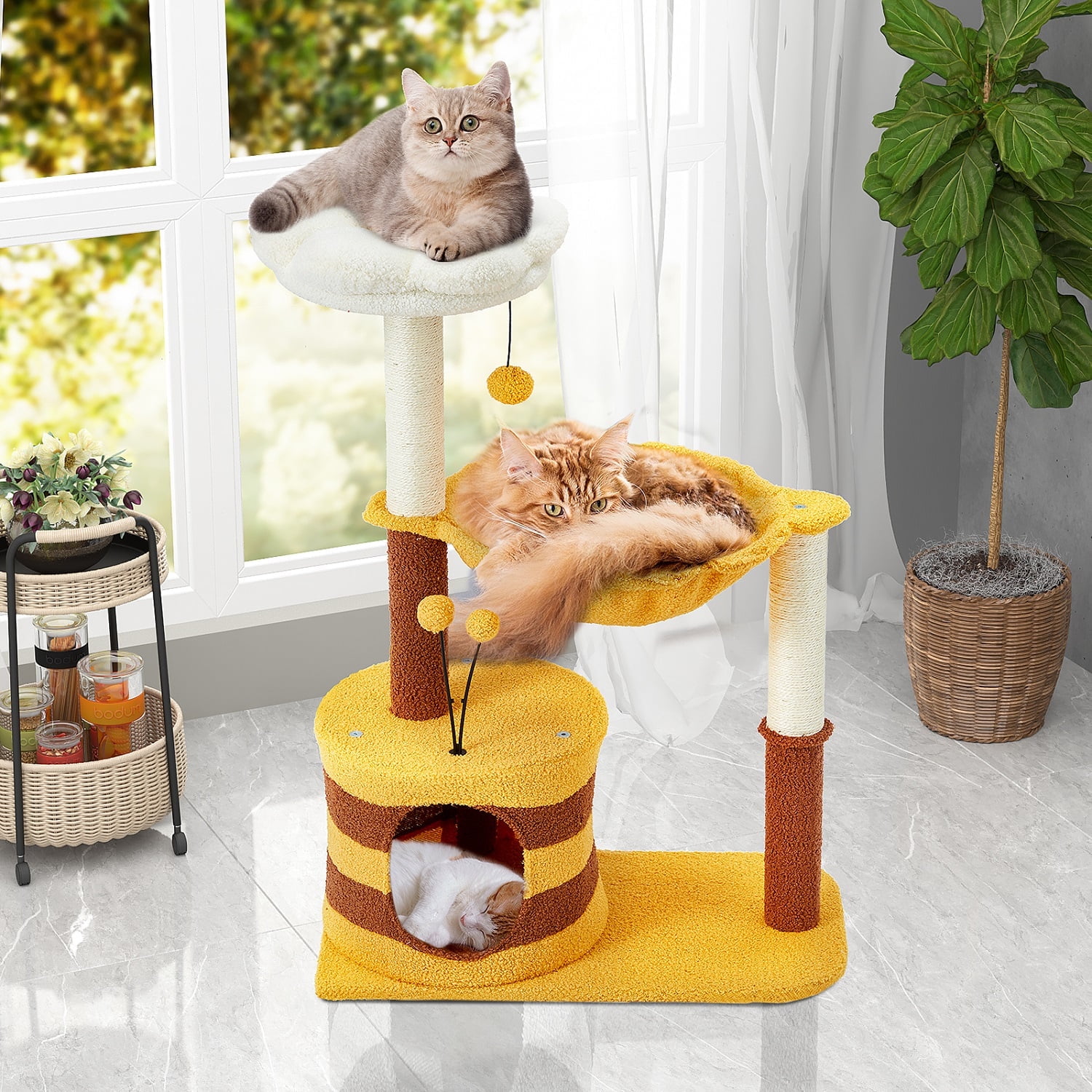 Yellow Flower Cat Tree with Sisal Scratching Posts and Hammock