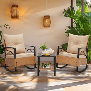 MELLCOM 3-Piece Patio Furniture Set, Outdoor Rocking Chair with Thick Cushions and 2-Tier Coffee Table, Wicker Rocker Bistro Set for Porch Deck Garden Poolside, Beige