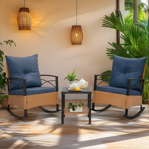 MELLCOM 3-Piece Patio Furniture Set, Outdoor Rocking Chair with Thick Cushions and 2-Tier Coffee Table, Wicker Rocker Bistro Set for Porch Deck Garden Poolside, Blue