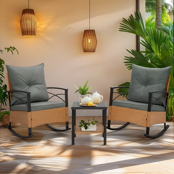 MELLCOM 3-Piece Patio Furniture Set, Outdoor Rocking Chair with Thick Cushions and 2-Tier Coffee Table, Wicker Rocker Bistro Set for Porch Deck Garden Poolside, Grey