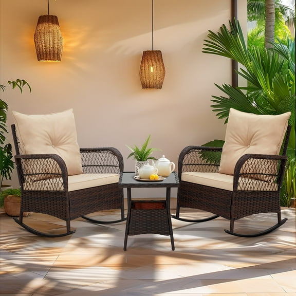 MELLCOM 3 Piece Patio Set, Rocking Chair Outdoor with Thick Cushions and Glass Table for Balcony Front Porch Poolside Garden Deck, Beige