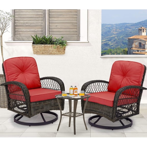 MELLCOM 3 Pieces Outdoor Swivel Rocker Patio Chairs, 360 Degree Rotation and Gliding Patio Furniture Set with Thickened Cushions and Glass Coffee Table for Backyard, Garden, Wine Red