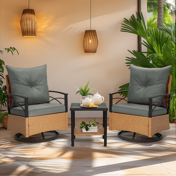 MELLCOM 3 Pieces Patio Furniture Set, Outdoor Swivel Patio Rocker Chairs with Thick Cushions and 2-Tier Coffee Table, Oversize Wicker Bistro Conversation Sets for Garden, Balcony, Backyard, Grey