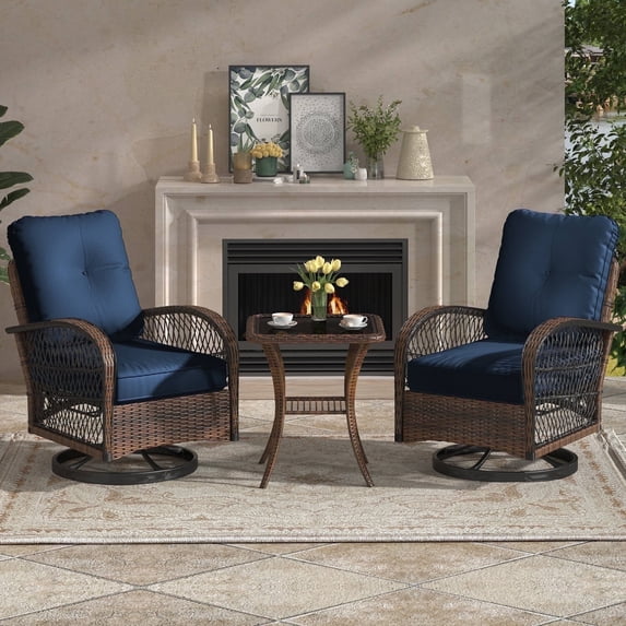MELLCOM 3 Pieces Patio Furniture Set, Outdoor Swivel Rocker Patio Chairs, Wicker Patio Bistro Set with Rocking Chair, Thickened Cushions and Glass Coffee Table for Backyard, Garden, Navy Blue