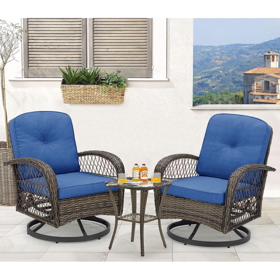 MELLCOM 3 Pieces Patio Furniture Set, Outdoor Swivel Rocker Patio Chairs, Wicker Patio Bistro Set with Rocking Chair, Thickened Cushions and Glass Coffee Table for Backyard, Garden, Navy Blue