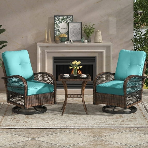 MELLCOM 3 Pieces Patio Furniture Set, Outdoor Swivel Rocker Patio Chairs, Wicker Patio Bistro Set with Rocking Chair, Thickened Cushions and Glass Coffee Table for Backyard, Garden, Blue
