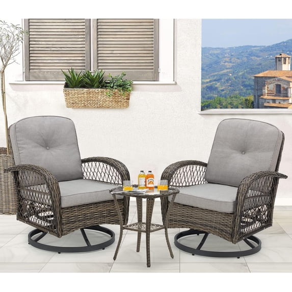 MELLCOM 3 Pieces Patio Furniture Set, Outdoor Swivel Rocker Patio Chairs, Wicker Patio Bistro Set with Rocking Chair, Thickened Cushions and Glass Coffee Table for Backyard, Garden, Grey