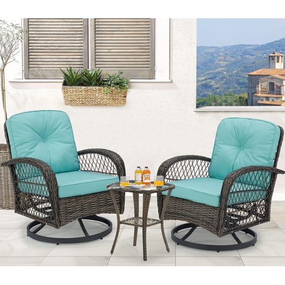 MELLCOM 3 Pieces Patio Furniture Set, Outdoor Swivel Rocker Patio Chairs, Wicker Patio Bistro Set with Rocking Chair, Thickened Cushions and Glass Coffee Table for Backyard, Garden, Blue