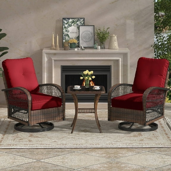 MELLCOM 3 Pieces Patio Furniture Set, Outdoor Swivel Rocker Patio Chairs, Wicker Patio Bistro Set with Rocking Chair, Thickened Cushions and Glass Coffee Table for Backyard, Garden, Wine Red