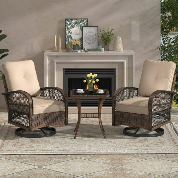 MELLCOM 3 Pieces Patio Furniture Set, Outdoor Swivel Rocker Patio Chairs, Wicker Patio Bistro Set with Rocking Chair, Thickened Cushions and Glass Coffee Table for Backyard, Garden, Khaki